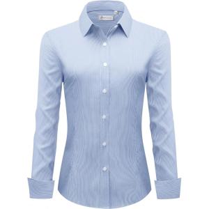 imagesiliteelon Womens Stripe Dress Shirts Long Sleeve Button Down WrinkleFree Stretch Solid Casual Work Office Blouse TopStripes Blue