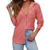 imagesiliteelon Button Down Shirts for Women Striped Long Sleeve Shirt Collared Office Work Blouses Tops with PocketRed