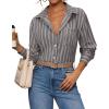 imagesiliteelon Button Down Shirts for Women Striped Long Sleeve Shirt Collared Office Work Blouses Tops with PocketGray and Black