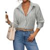 imagesiliteelon Button Down Shirts for Women Striped Long Sleeve Shirt Collared Office Work Blouses Tops with PocketGrey
