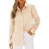 imagesiliteelon Button Down Shirts for Women Striped Long Sleeve Shirt Collared Office Work Blouses Tops with PocketLight Khaki