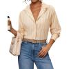imagesiliteelon Button Down Shirts for Women Striped Long Sleeve Shirt Collared Office Work Blouses Tops with PocketLight Khaki