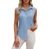 imagesiliteelon Linen Shirts for Women Button Down Shirts Sleeveless Cotton Collared V Neck Solid Tank Top Casual BlousesBlue