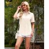 imagesiliteelon Womens Linen Button Down Shirts Lace Crochet Short Sleeve Cotton Shirts Collared V Neck Summer Casual Blouses TopsBeige