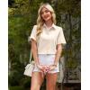 imagesiliteelon Womens Linen Button Down Shirts Lace Crochet Short Sleeve Cotton Shirts Collared V Neck Summer Casual Blouses TopsBeige