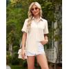 imagesiliteelon Womens Linen Button Down Shirts Lace Crochet Short Sleeve Cotton Shirts Collared V Neck Summer Casual Blouses TopsBeige