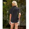 imagesiliteelon Womens Linen Button Down Shirts Lace Crochet Short Sleeve Cotton Shirts Collared V Neck Summer Casual Blouses TopsBlack