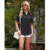 imagesiliteelon Womens Linen Button Down Shirts Lace Crochet Short Sleeve Cotton Shirts Collared V Neck Summer Casual Blouses TopsBlack