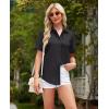 imagesiliteelon Womens Linen Button Down Shirts Lace Crochet Short Sleeve Cotton Shirts Collared V Neck Summer Casual Blouses TopsBlack
