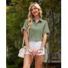 imagesiliteelon Womens Linen Button Down Shirts Lace Crochet Short Sleeve Cotton Shirts Collared V Neck Summer Casual Blouses TopsGreen