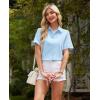 imagesiliteelon Womens Linen Button Down Shirts Lace Crochet Short Sleeve Cotton Shirts Collared V Neck Summer Casual Blouses TopsLight Blue