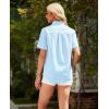imagesiliteelon Womens Linen Button Down Shirts Lace Crochet Short Sleeve Cotton Shirts Collared V Neck Summer Casual Blouses TopsLight Blue