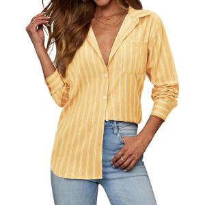 imagesiliteelon Button Down Shirts for Women Striped Long Sleeve Shirt Collared Office Work Blouses Tops with PocketBright Yellow