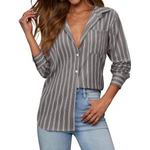 imagesiliteelon Button Down Shirts for Women Striped Long Sleeve Shirt Collared Office Work Blouses Tops with PocketGray and Black
