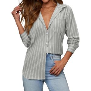 imagesiliteelon Button Down Shirts for Women Striped Long Sleeve Shirt Collared Office Work Blouses Tops with PocketGrey
