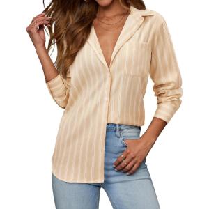 imagesiliteelon Button Down Shirts for Women Striped Long Sleeve Shirt Collared Office Work Blouses Tops with PocketLight Khaki