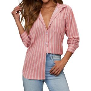 imagesiliteelon Button Down Shirts for Women Striped Long Sleeve Shirt Collared Office Work Blouses Tops with PocketPink