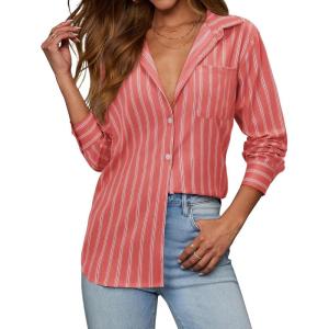 imagesiliteelon Button Down Shirts for Women Striped Long Sleeve Shirt Collared Office Work Blouses Tops with PocketRed