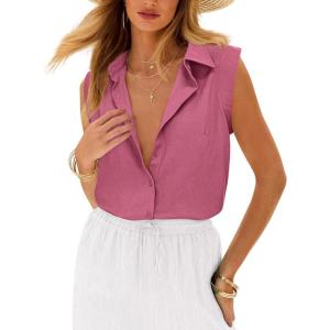 imagesiliteelon Linen Shirts for Women Button Down Shirts Sleeveless Cotton Collared V Neck Solid Tank Top Casual BlousesDark Pink