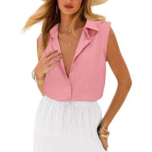 imagesiliteelon Linen Shirts for Women Button Down Shirts Sleeveless Cotton Collared V Neck Solid Tank Top Casual BlousesPink