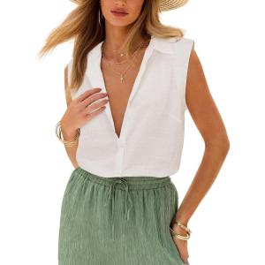 imagesiliteelon Linen Shirts for Women Button Down Shirts Sleeveless Cotton Collared V Neck Solid Tank Top Casual BlousesWhite