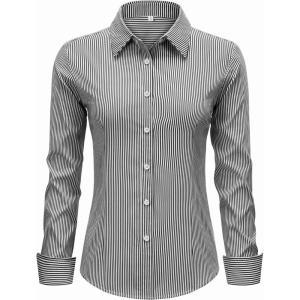 imagesiliteelon Striped Button Down Shirts for Women Dress Shirts Long Sleeve Collared Casual Office Work Blouses TopsBlack