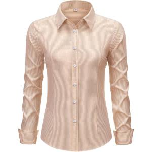 imagesiliteelon Striped Button Down Shirts for Women Dress Shirts Long Sleeve Collared Casual Office Work Blouses TopsBrown