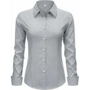 imagesiliteelon Striped Button Down Shirts for Women Dress Shirts Long Sleeve Collared Casual Office Work Blouses TopsGray
