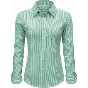 imagesiliteelon Striped Button Down Shirts for Women Dress Shirts Long Sleeve Collared Casual Office Work Blouses TopsGreen