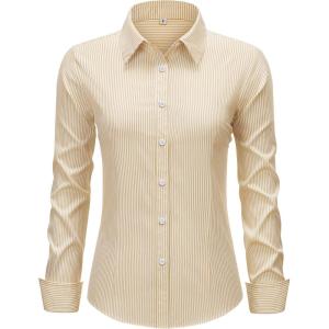 imagesiliteelon Striped Button Down Shirts for Women Dress Shirts Long Sleeve Collared Casual Office Work Blouses TopsLight Khaki