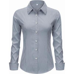 imagesiliteelon Striped Button Down Shirts for Women Dress Shirts Long Sleeve Collared Casual Office Work Blouses TopsNavy Blue