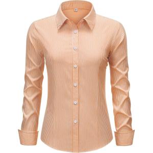 imagesiliteelon Striped Button Down Shirts for Women Dress Shirts Long Sleeve Collared Casual Office Work Blouses TopsOrange