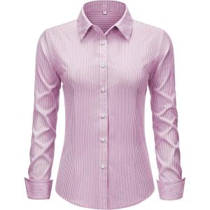 imagesiliteelon Striped Button Down Shirts for Women Dress Shirts Long Sleeve Collared Casual Office Work Blouses TopsPink