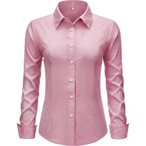 imagesiliteelon Striped Button Down Shirts for Women Dress Shirts Long Sleeve Collared Casual Office Work Blouses TopsRed