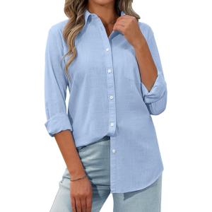 imagesiliteelon Womens Button Down Shirt Linen Button Up Shirts for Women Long Sleeve Summer Shirt Collared Blouse Linen TopsAll Blue