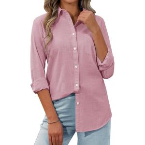 imagesiliteelon Womens Button Down Shirt Linen Button Up Shirts for Women Long Sleeve Summer Shirt Collared Blouse Linen TopsAll Pink