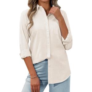 imagesiliteelon Womens Button Down Shirt Linen Button Up Shirts for Women Long Sleeve Summer Shirt Collared Blouse Linen TopsBeige