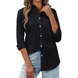 imagesiliteelon Womens Button Down Shirt Linen Button Up Shirts for Women Long Sleeve Summer Shirt Collared Blouse Linen TopsBlack