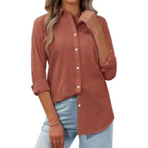 imagesiliteelon Womens Button Down Shirt Linen Button Up Shirts for Women Long Sleeve Summer Shirt Collared Blouse Linen TopsBrown