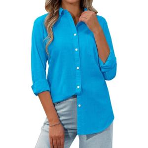 imagesiliteelon Womens Button Down Shirt Linen Button Up Shirts for Women Long Sleeve Summer Shirt Collared Blouse Linen TopsDark Blue