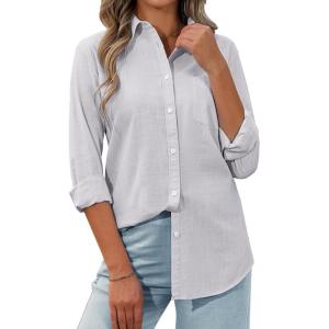 imagesiliteelon Womens Button Down Shirt Linen Button Up Shirts for Women Long Sleeve Summer Shirt Collared Blouse Linen TopsGray