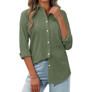 imagesiliteelon Womens Button Down Shirt Linen Button Up Shirts for Women Long Sleeve Summer Shirt Collared Blouse Linen TopsGreen