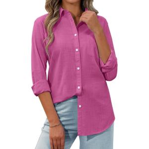 imagesiliteelon Womens Button Down Shirt Linen Button Up Shirts for Women Long Sleeve Summer Shirt Collared Blouse Linen TopsHot Pink