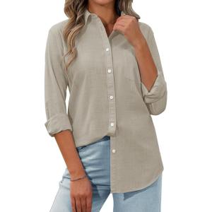 imagesiliteelon Womens Button Down Shirt Linen Button Up Shirts for Women Long Sleeve Summer Shirt Collared Blouse Linen TopsKhaki