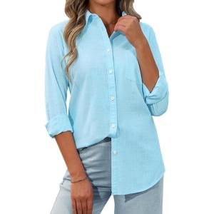imagesiliteelon Womens Button Down Shirt Linen Button Up Shirts for Women Long Sleeve Summer Shirt Collared Blouse Linen TopsLake Blue