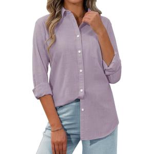 imagesiliteelon Womens Button Down Shirt Linen Button Up Shirts for Women Long Sleeve Summer Shirt Collared Blouse Linen TopsLavender