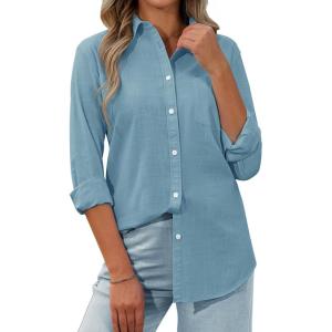 imagesiliteelon Womens Button Down Shirt Linen Button Up Shirts for Women Long Sleeve Summer Shirt Collared Blouse Linen TopsLight Gray