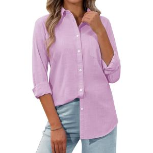 imagesiliteelon Womens Button Down Shirt Linen Button Up Shirts for Women Long Sleeve Summer Shirt Collared Blouse Linen TopsLight Purple