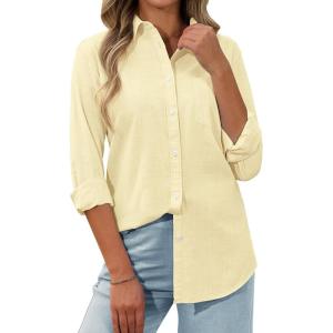 imagesiliteelon Womens Button Down Shirt Linen Button Up Shirts for Women Long Sleeve Summer Shirt Collared Blouse Linen TopsLight Yellow