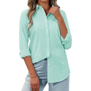 imagesiliteelon Womens Button Down Shirt Linen Button Up Shirts for Women Long Sleeve Summer Shirt Collared Blouse Linen TopsMint Green